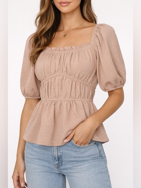 And Now This Tops - And Now This Almond Puff Sleeve Peplum Top XS NWT
